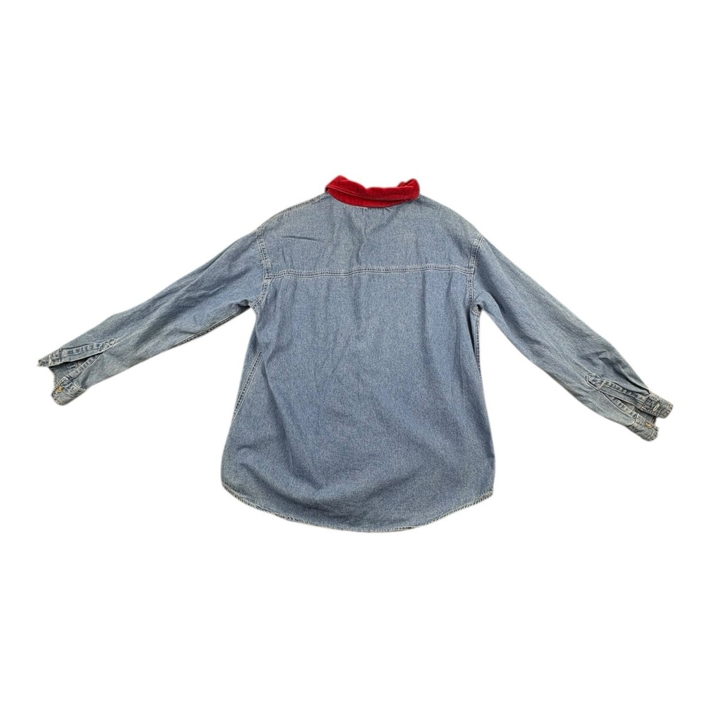 Vintage NutCracker Denim Christmas Shirt Santa Sleigh Red Collar Embroidered M - Picture 2 of 6